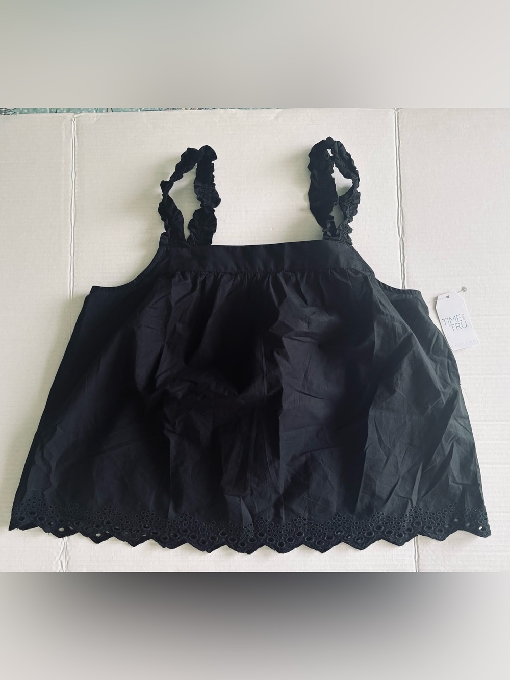 Time & Tru Black Eyelet-Hem Bandeau Cami Braided Straps Sz  Large 100% Cotton